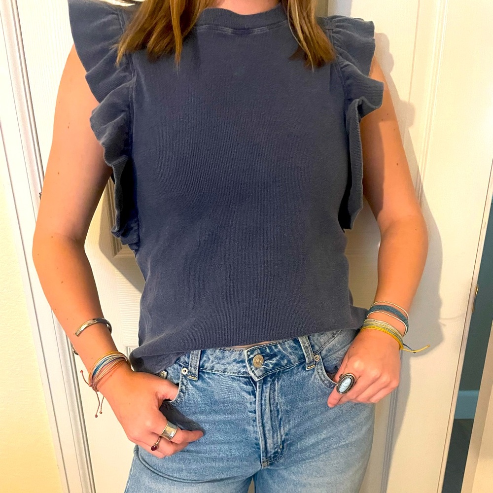 Kaia Rib Ruffle Top Roan + Ryan Evereve Navy  XS
